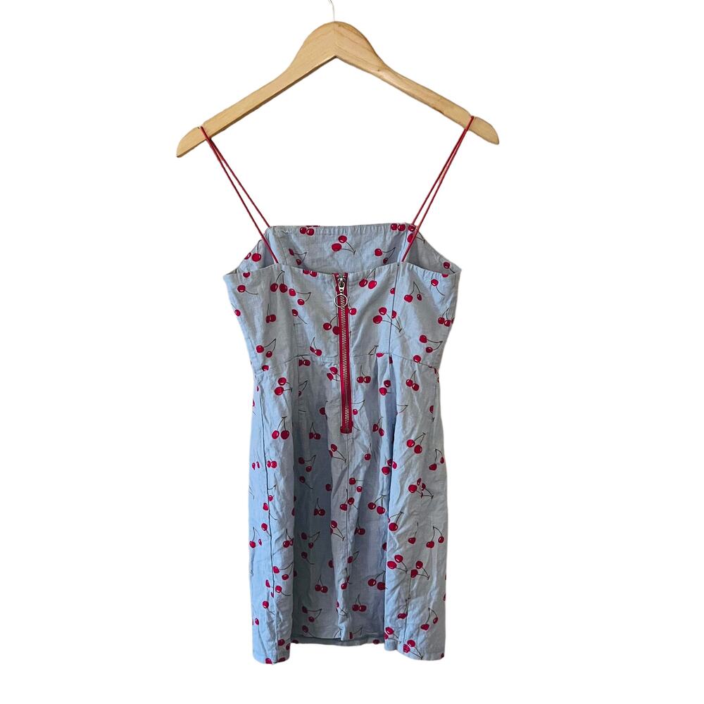 Urban Outfitters Linen Blend Cherry Print Spagetti Mini Dress Size 2 Blue Red - Picture 5 of 12